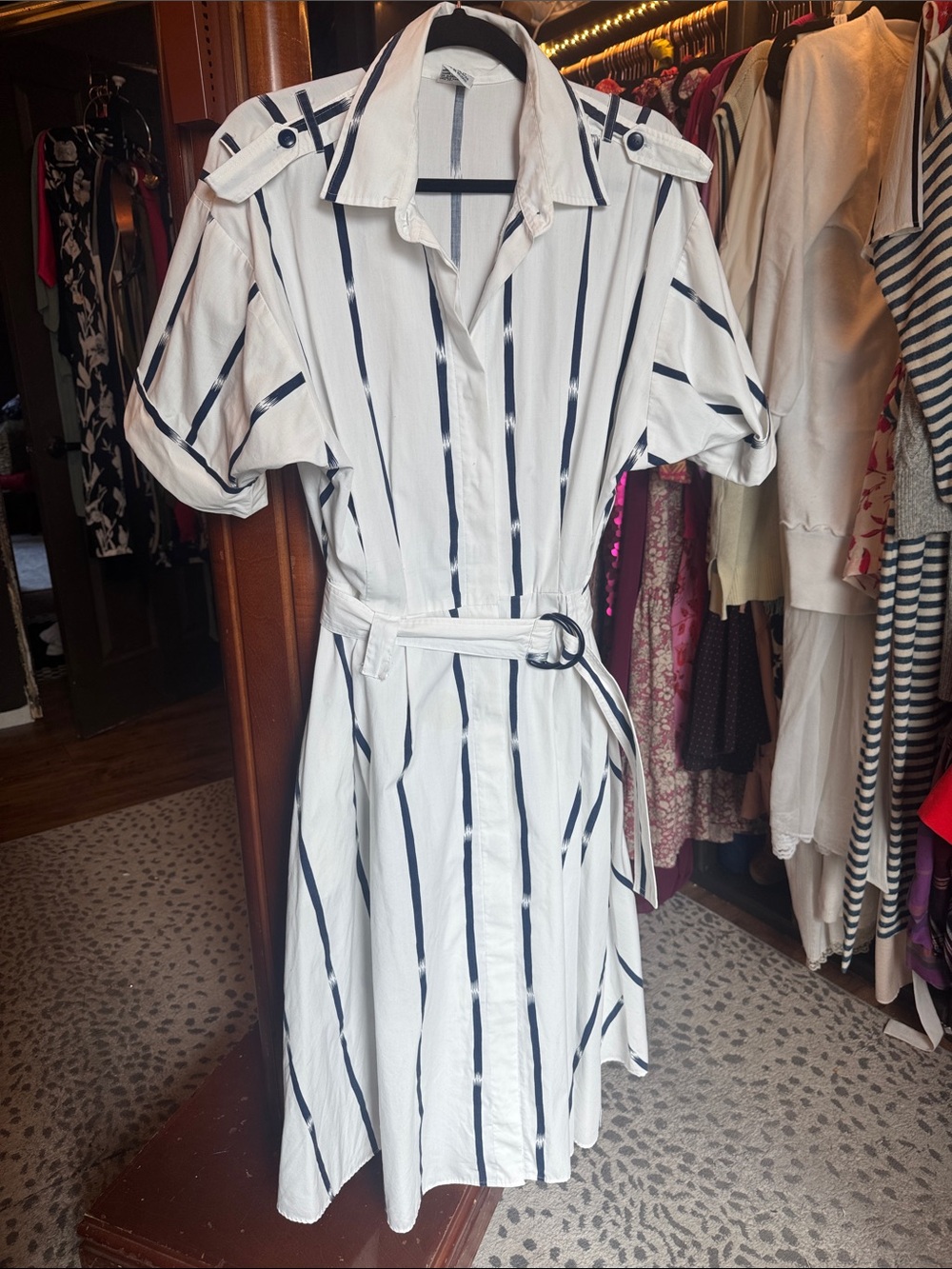 White and Navy Striped Belted Shirt Dress